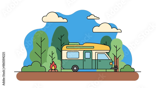 Embrace the freedom of a tranquil outdoor escape an illustration of a cozy campervan, lush trees, and a warm campfire for peaceful nature adventures