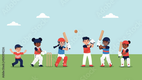 Children playing cricket on a sunny day, showcasing a fun outdoor sport activity for young athletes with a grassy field and blue sky