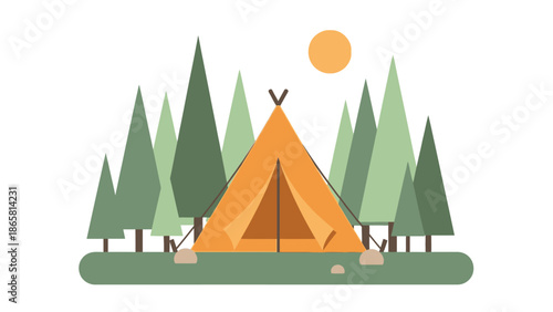 Vibrant orange tent pitched in a serene forest clearing, surrounded by tall green pine trees under a bright yellow sun, illustrating outdoor adventure and camping themes