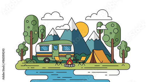 Idyllic camping trip. Flat vector illustration of a camper van, tent, campfire, mountains, and river, symbolizing outdoor adventure and serene relaxation
