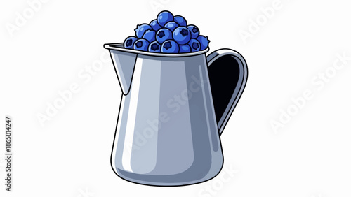 A metal pitcher overflowing with ripe blueberries