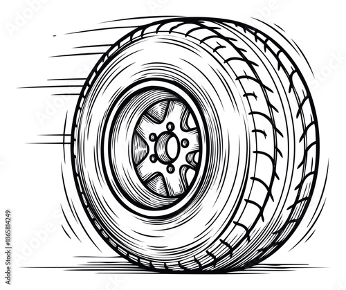 Dynamic racing wheel with detailed tire tread and rim lines conveying speed and motion for automotive themes and high performance visuals