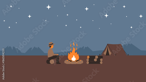 A serene night scene with a person sitting by a campfire under a starry sky, with a tent and camping gear nearby