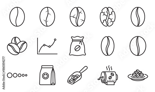 Set of black line art icons showing the coffee production process from bean to bag, including a roaster, scoop, and market graph in a minimalist vector illustration style
