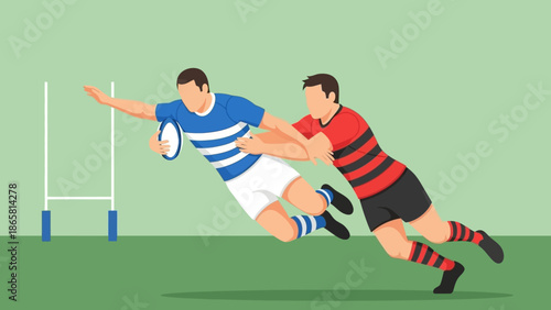 Rugby player in blue dives for a try, skillfully avoiding a tackle from an opponent in red, illustrating intense game action