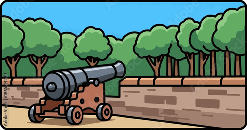 A cartoon-style cannon sits on a wooden carriage in front of a stone wall with trees in the background