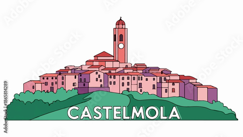 Stylized village on a green hill with a tall clock tower