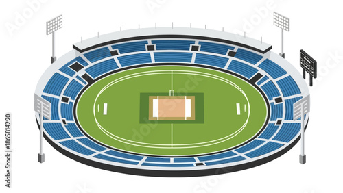 Isometric illustration of an oval sports stadium, showcasing tiered seating, a green playing field, and floodlights, a grand venue for athletic events
