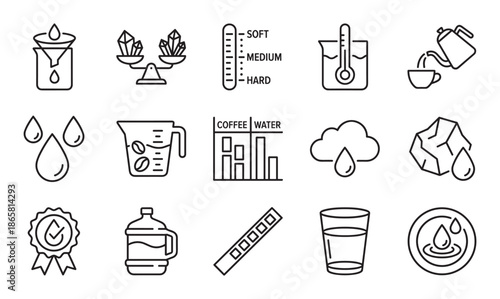 Set of black line icons representing water quality, filtration, and liquid properties for coffee making, including symbols for hardness, temperature, minerals, and purification