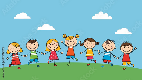 Happy diverse cartoon children holding hands, playing on a green field under a blue sky, embodying friendship, unity, and carefree childhood