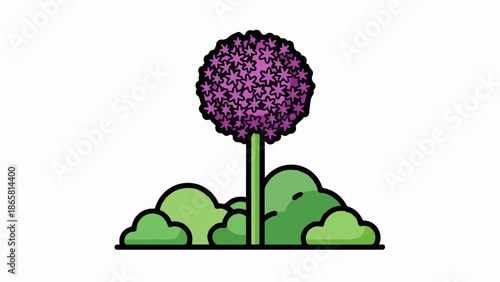 A stylized purple onion flower stands tall on a green stalk amidst lush green foliage