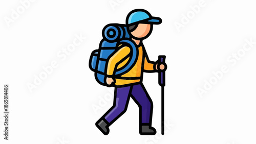A stylized person hikes with a blue backpack and a pole
