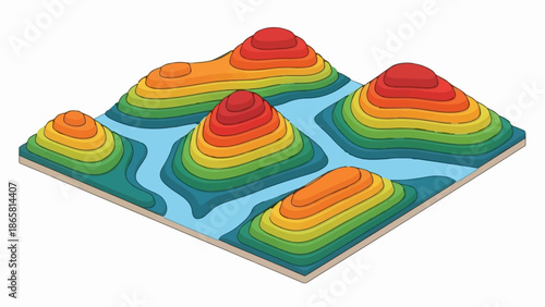 Isometric topographic map with colorful contour lines showing hills and valleys