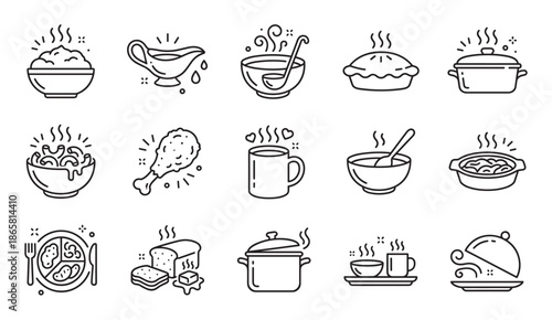 Set of black line art icons depicting various comfort foods and hot meals, including soup, pie, casserole, and chicken, drawn in a simple, minimalist vector illustration style