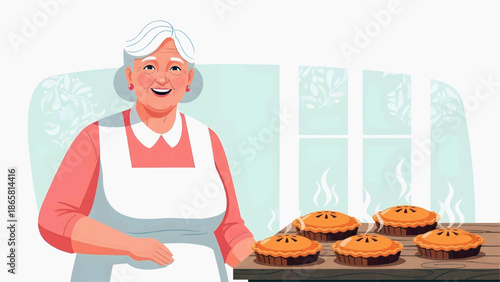 Flat vector illustration of an elderly woman smiling, next to freshly baked apple pies  