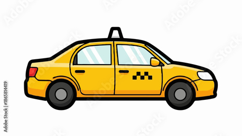 A bright yellow cartoon taxi cab with tinted windows and a checkered symbol on its side