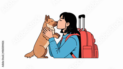 Woman tenderly kisses dog, surrounded by luggage, ready for a journey