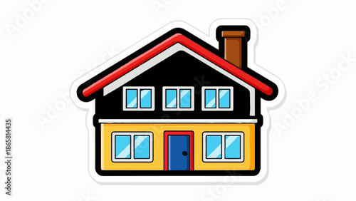 A charming cartoon house with a red-trimmed roof, black upper level, and yellow lower level