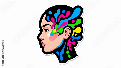Vibrant colorful splashes explode from a woman's profile, symbolizing creativity and imagination