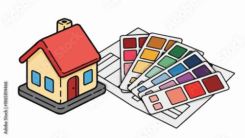 Cartoon house with red roof and color swatches, design concept