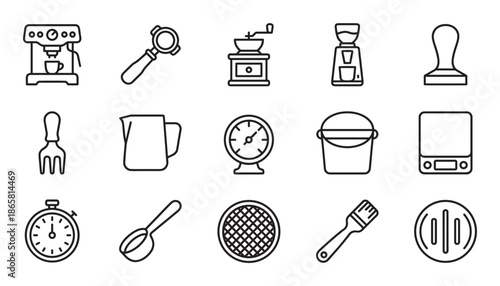 Barista coffee making equipment icon set featuring an espresso machine, portafilter, grinder, and tamper in a minimalist black line art vector illustration style