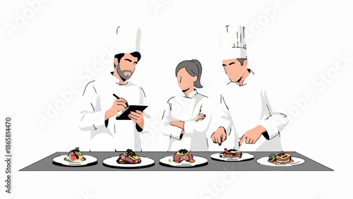 Three chefs in white uniforms observe and prepare plated food items on a grey surface