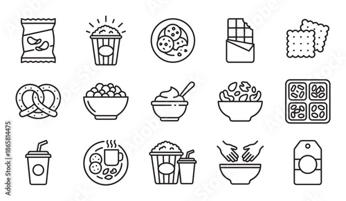 Collection of black line art icons representing various snack foods and drinks like popcorn, chips, chocolate, and cookies, designed in a simple, minimalist graphic symbol style