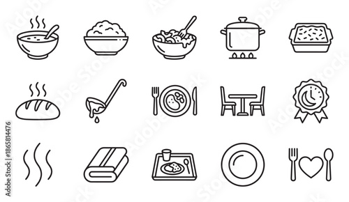 Set of black line icons representing food, cooking, and dining concepts, including soup, bread, a pot, a plated meal, cutlery, and a restaurant table in a simple outline style