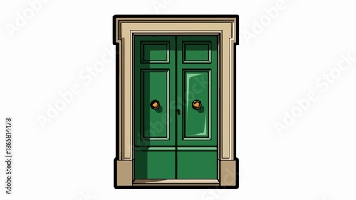Ornate green double doors with ornate molding and golden knobs