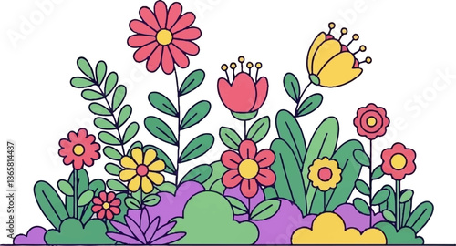 A colorful, cartoonish arrangement of various flowers and green leaves against a white background