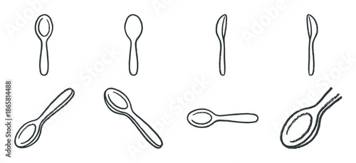 Hand-drawn spoon illustration set with textured line art, a collection of simple kitchen utensil doodles shown from different angles for graphic design elements