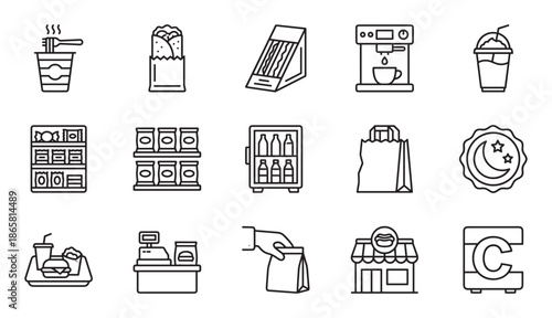 Convenience store and fast food line icon set featuring takeaway coffee, sandwiches, snacks, and drinks in a minimalist black and white outline style for graphic design