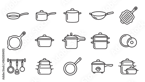Diverse collection of kitchen cookware line art icons featuring various pots, pans, a wok, grill pan, and utensils in a clean, minimalist vector illustration graphic style