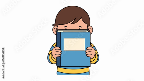 A child peeks over a book, wearing a striped shirt