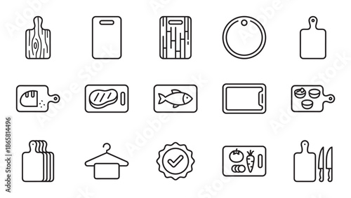 Cutting board and kitchen utensil line icons in a minimalist vector set showing food preparation symbols for chopping meat, fish, vegetables, and bread with various board shapes