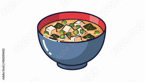 A stylized illustration of a bowl of miso soup with tofu, seaweed, and green onions