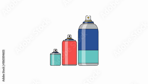 Three colorful spray cans of different sizes arranged from smallest to largest