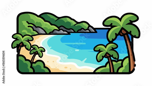 Stylized tropical beach scene with lush green hills, sandy shore, and clear blue ocean