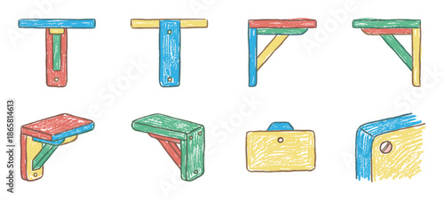 Colorful hand-drawn construction toy parts set showing various wooden brackets, joints, and connectors with a sketchy, textured illustration style for creative building concepts