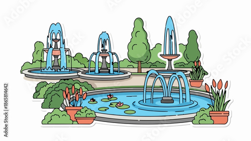 Whimsical park scene with multiple fountains, lush greenery, and potted flowers