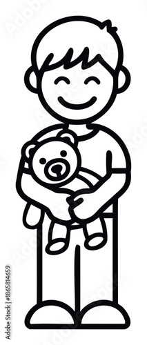 Cute boy with a cheerful smile hugging his favorite teddy bear, representing innocent happiness and comfort, suitable for family blogs or childrens therapy resources