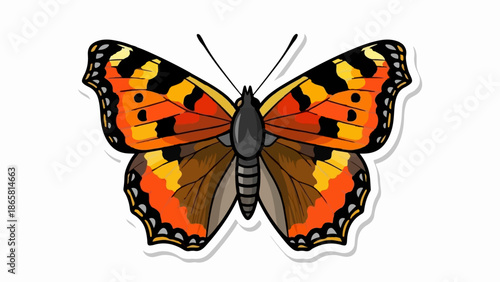 A vibrant orange and yellow butterfly with black markings, set against a white background