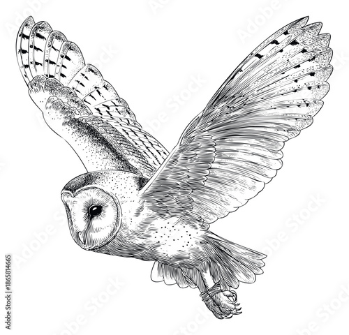 Black and white engraving style depiction of a barn owl captured mid flight with magnificent outstretched wings, suitable for natural history documentaries or rustic home decor projects.