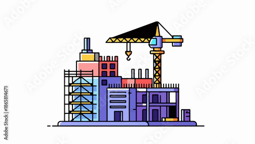 Abstract colorful construction site with cranes and unfinished buildings