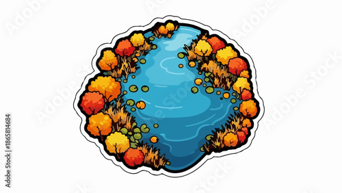 A stylized pond with autumn foliage and lily pads