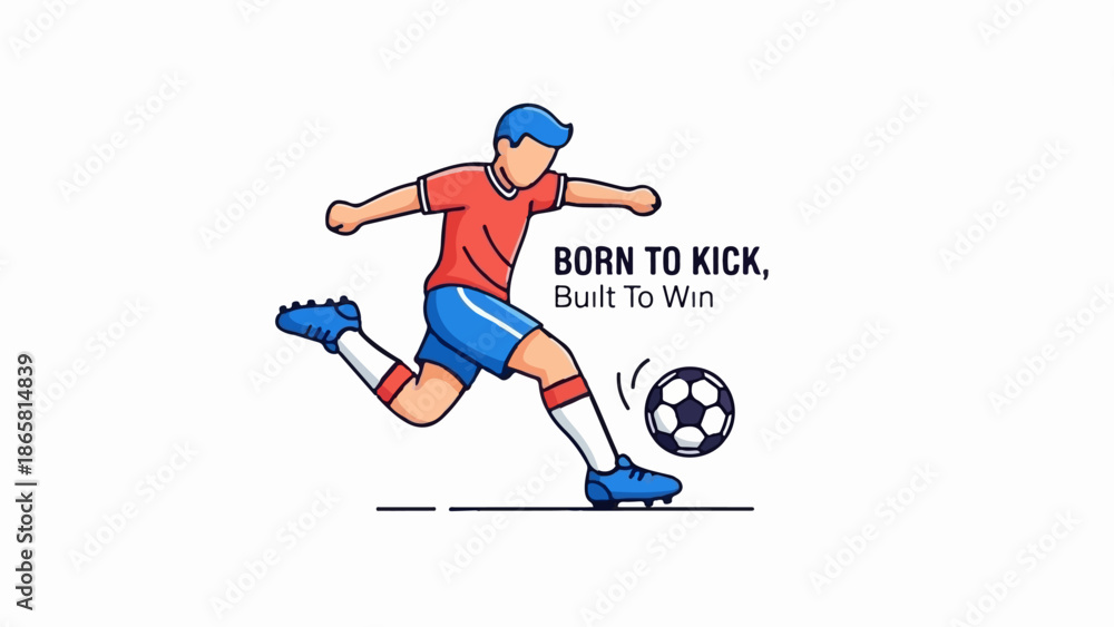 Obraz premium A cartoon athlete in red and blue uniform kicks a soccer ball