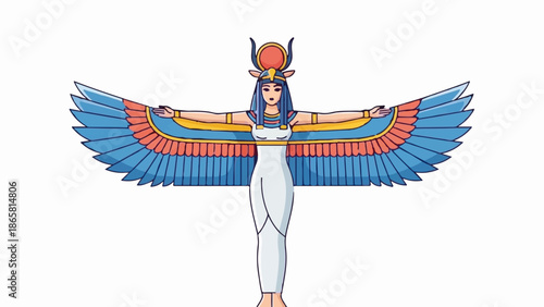 Ancient winged figure in a white robe, adorned with a sun disk headdress and vibrant blue and coral wings