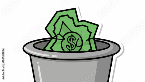 A green banknote with a dollar sign is crumpled inside a silver bin