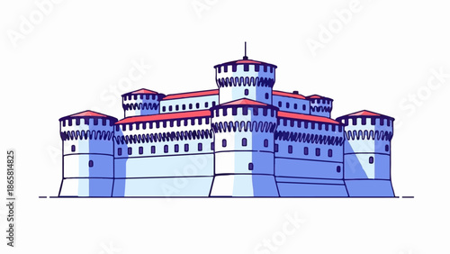 Stylized depiction of a majestic, blue stone fortress with red-tiled roofs and crenellated battlements