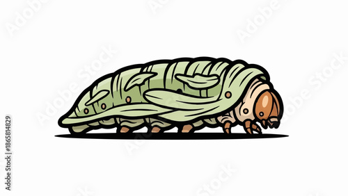 A green, cartoon-style caterpillar with multiple legs and segmented body